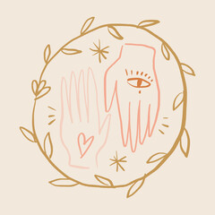 Moon magic hands Reiki practice crescent, hand palm silhouette and floral flower branch drawing, self love and care minimalist art, boho zen icon of harmony or holistic logo healing herbal meditation