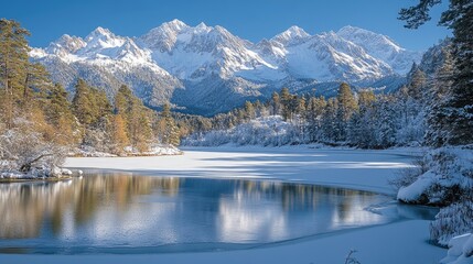 Snowy mountains reflecting in a partially frozen lake during winter