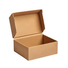 Rectangular cardboard box with open lid on transparent background, perfect for shipping or storing items