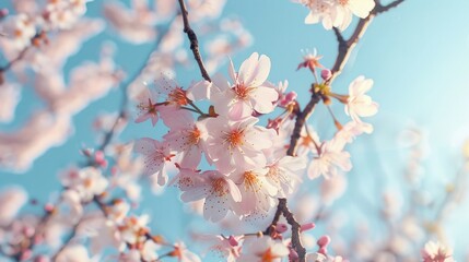 A close-up of a blooming cherry blossom tree in spring, with delicate pink flowers against a clear blue sky