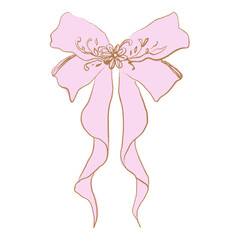 Coquette pastel pink bow pretty charming vector clip-art Illustration, cute doodle hair accessories decor, boho flat girl accessory. Ribbon isolated hand-drawn art. Trendy girly fancy concept. Holiday