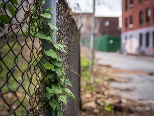 Human vs Nature Concept. A close-up of a chain-link fence adorned with ivy, set against a backdrop of an urban environment, highlighting nature's resilience amidst city life.