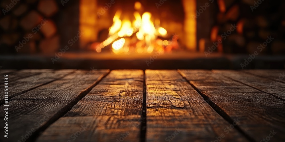 Poster empty wooden table illuminating by burning fireplace in background