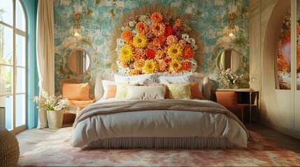 bedroom interior with beautiful chrysanthemum flowers