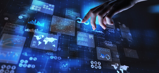 Business intelligence analyst dashboard on virtual screen. Big data Graphs Charts.
