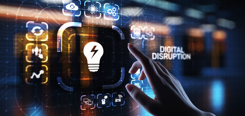 Digital Disruption. Disruptive business ideas. IOT internet of things, network, smart city and machines, big data, cloud, analytics, web-scale IT, Artificial intelligence, AI.