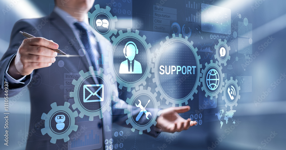 Poster Support button on virtual screen. Customer service and communication concept.