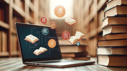 The image shows a sleek laptop screen displaying floating books and educational icons, symbolizing online learning or distance education