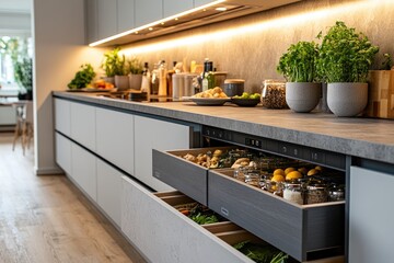 Modern kitchen showing organized drawers with fresh ingredients and spices