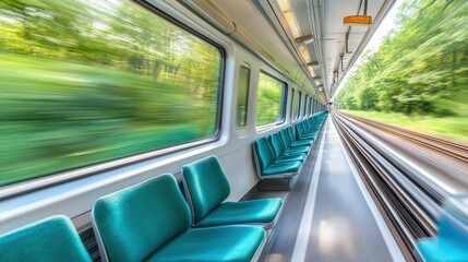 Interior of a Fast-Moving Train with Blurred Landscape Passing by the Windows, Showcasing Comfortable Seating and Modern Design Elements