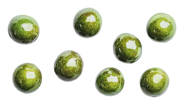 Green spheres on a white background, cut out - stock png.