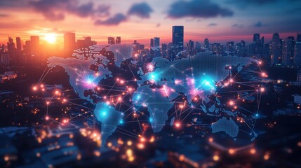 Stunning Evening Cityscape with a Digital World Map Overlaid, Showcasing Connectivity and Global Communication Against a Vibrant Sunset Backdrop