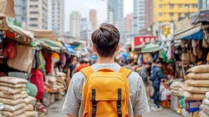 Obraz premium As the traveler weaved through the crowded stalls of the bustling market, the sights and sounds of the unfamiliar language and vibrant colors enveloped them in a whirlwind of cultural immersion