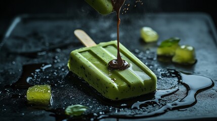 hyper realistic food photography, green tea popsicle, pouring melted chocolate, spiral drip effect, condensation droplets, smooth frozen texture, dark moody background, macro detail, glossy finish,