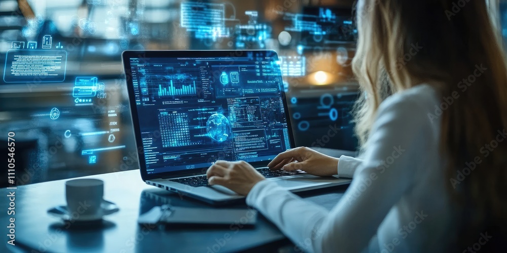 Poster businesswoman working with futuristic global big data statistics, graphs and charts on laptop comput