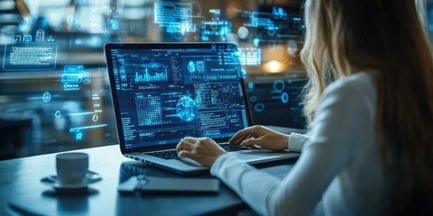 Businesswoman working with futuristic global big data statistics, graphs and charts on laptop computer