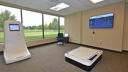 Advanced Health and Fitness Technology Room Featuring Body Composition Analyzer and Smart Scale for Wellness Assessments and Personal Training Sessions