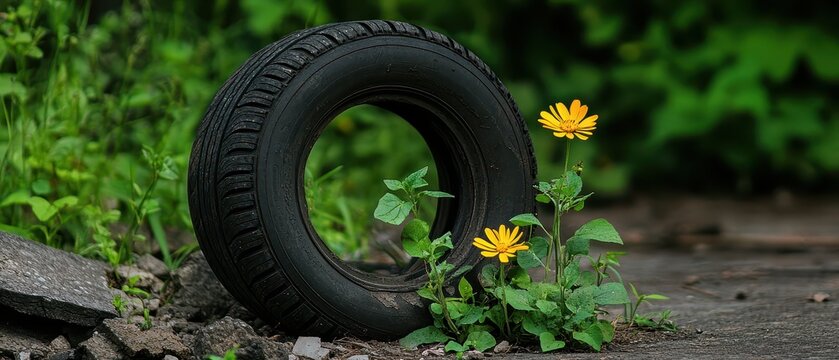 Human vs Nature Concept.  A black tire sits on the ground, surrounded by vibrant yellow flowers and green foliage, showcasing a blend of nature and repurposed materials.