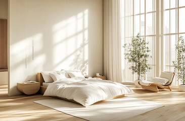 Stylish Modern Bedroom Interior with Minimalist Furniture and Soft Lighting Design