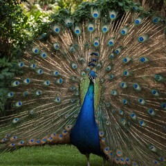 A peacock fanning its iridescent feathers in a lush garden setting.

