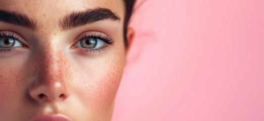 Close-up portrait of young woman with striking blue eyes, flawless skin, and defined eyebrows against pink background, copy space for text