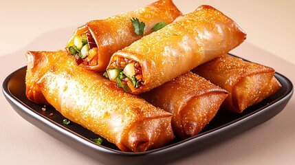Crisp golden spring rolls filled with a mix of fresh vegetables and savory seasonings, perfectly arranged on a sleek, minimalist plate against a soft pastel background