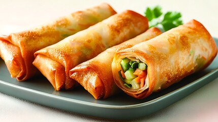 Crisp golden spring rolls filled with a mix of fresh vegetables and savory seasonings, perfectly arranged on a sleek, minimalist plate against a soft pastel background