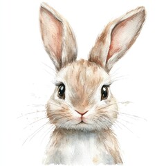 Obraz premium Adorable watercolor illustration of a cute rabbit with big expressive eyes, featuring soft fur and prominent ears, perfect for children's books and nature-themed projects