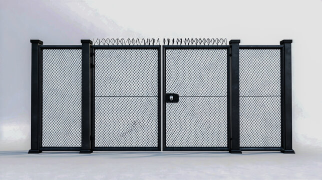 Isolated metal prison gate on a white background, emphasizing industrial design and security