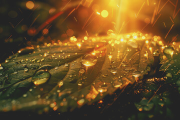 Beautiful water drops sparkle in the sunlight on leaves. Close-up. Morning Dewdrops.