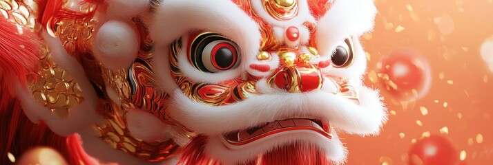 A vibrant lion dance illustration with red and gold accents for Chinese New Year