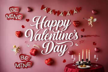 Happy valentines day greeting card banner lettering romantic red pink love heart theme background