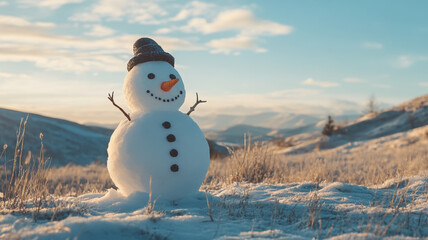 Obraz premium Adorable snowman in a snowy field with a picturesque sunset and winter landscape featuring mountains
