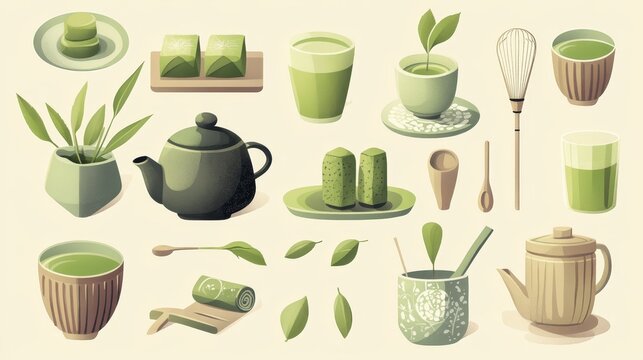 vector tea ceremony elements, contemporary illustration style, peaceful color palette, traditional tools, matcha sweets and drinks, harmonious composition, simplified shapes