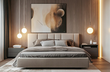 Stylish Modern Bedroom Interior with Minimalist Furniture and Soft Lighting Design
