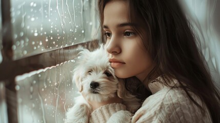 The girl and her dog watch the rain fall, their expressions reflecting curiosity and wonder, wrapped in a blanket of warmth.