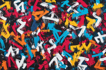 Obraz premium Graffiti-style painting, white letters on a black background, colorful graffiti tags and symbols.