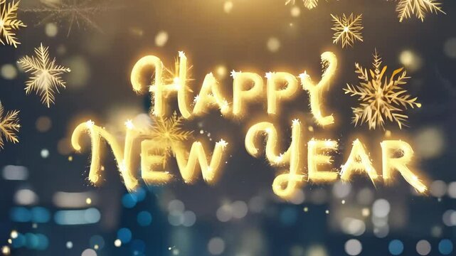 Sparkling happy new year greetings with glowing snowflakes animation