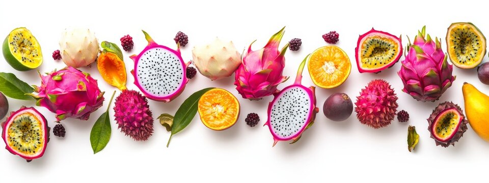 A selection of exotic fruits: dragon fruit, lychee, and passion fruit