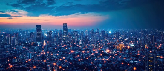 Fototapeta premium A stunning view of a city skyline at dusk with glowing lights and a network of connected lines.