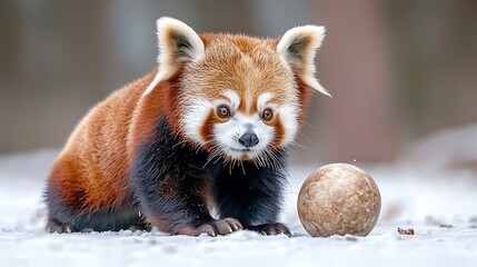 Fototapeta premium A cute red panda can be seen joyfully playing with a ball, rolling around on a white background. Its fluffy fur and curious eyes add to the adorable scene.