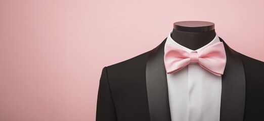 Tuxedo with pink bow tie, elegant formal wear, black jacket, white shirt, stylish presentation, fashion display, modern design, copy space for text
