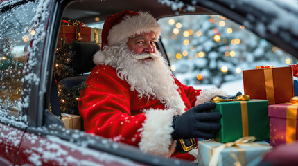 Santa Claus smiles while surrounded by colorful presents inside a car on a snowy Christmas day