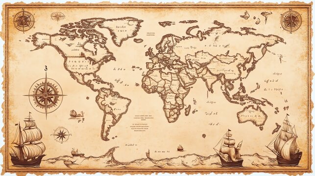 An antique style world map with compass roses.