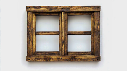 Isolated wooden window frame on a white background, highlighting its natural texture and design