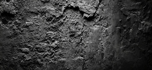 Fototapeta premium Textured wall surface with rough, cracked appearance, showcasing dark tones and intricate patterns, copy space for text