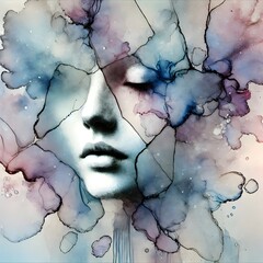 a surreal, dreamlike portrait of a woman's face. Her features are blurred and obscured by swirling, ethereal patterns and shapes in shades of blue, purple, and red. The overall effect is one of myster