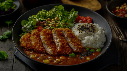 Japanese curry with crispy breaded pork cutlets, served with rice and fresh salad, food photography