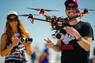Enthusiasts showcase drone technology at outdoor event on sunny day