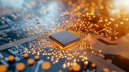An illustration of a complex electronic circuit board, resembling a computer motherboard, with intricate pathways, connection points, and various components such as capacitors, resistors